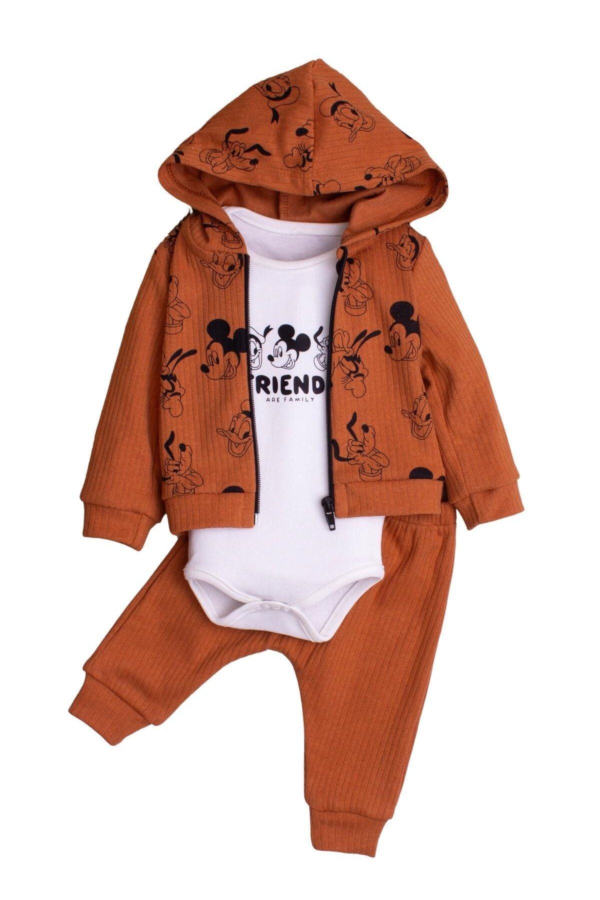 Kız Bebek Kapüşonlu Mickey Mause Pamuklu Zıbınlı Fitilli 3'lü Bebek Takımı